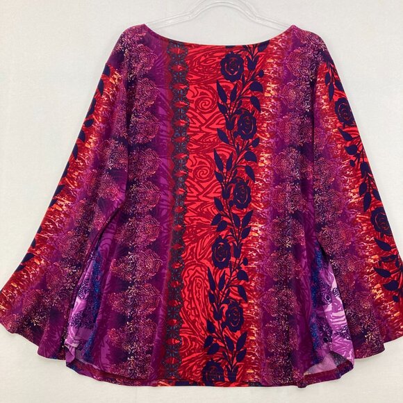 Bob Mackie size 1X Red Purple Floral Flare Sleeve Stretch Knit Blouse Romantic - Picture 7 of 8